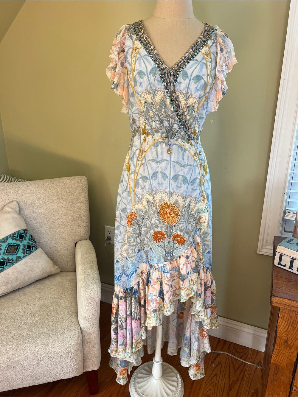 Camilla Butterfly embellished charms Floral High Low Ruffle Dress XS gold button